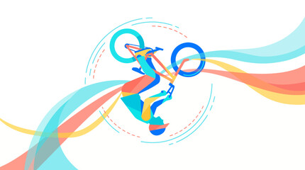 Obraz premium Dynamic Professional BMX Freestyle Rider Performing Aerial Stunt with Colorful Abstract Motion Trails for Sports Vector Art