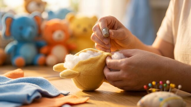 Crafting handmade plush toys with a needle, thimble, and soft colorful fabric in warm lighting.