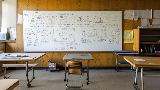 Empty classroom with wooden walls and whiteboard covered in mathematical equations