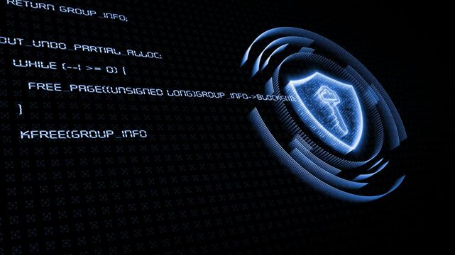Royal blue color computer running programming codes for breaking hi-tech security system shield and key data protection futuristic design loopable black technology 3D background