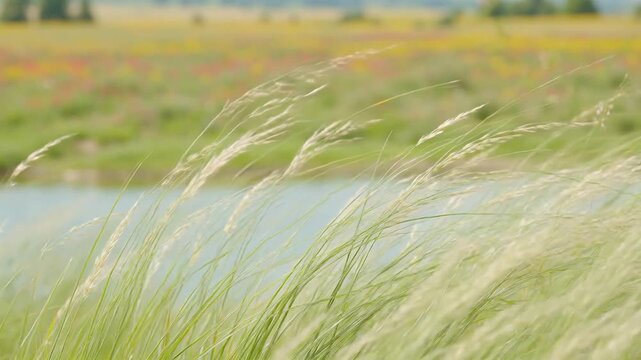Feather Grass Swaying in the Breeze Near a Scenic Lake