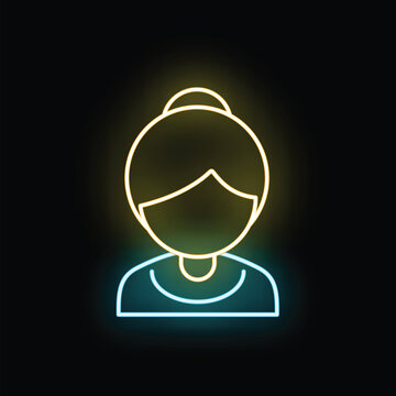 Woman icon glowing with neon yellow and blue lights on black background