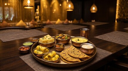 Fototapeta premium Authentic Gujarati Thali with Dhokla, Thepla and Traditional Dishes