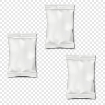 White blank flexible plastic pillow bag. Plain, hanging with round hole, euro slot. Vector mockup set. Realistic crumpled food snack pouch package. Mock-up. Template for design