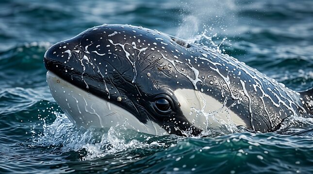 Majestic killer whale surfacing through deep blue ocean waves