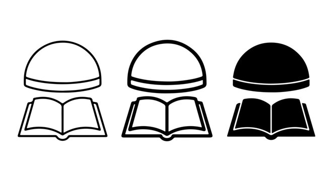 Islamic Prayer Cap and Open Book Icons, Vector Set, Religious Symbolism, White and Black