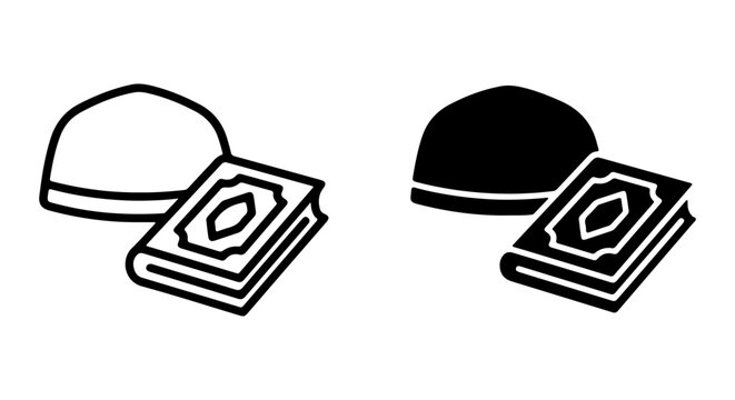 Islamic Prayer Cap and Holy Book Icons, Religious Symbols, Muslim Culture, Vector Set