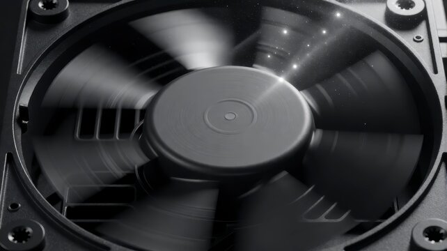 Close up of cooling fan inside computer hardware with metallic blades and central hub