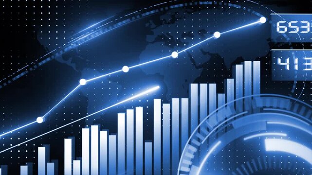 Royal blue color advance data analysis algorithms dashboard close up shot of rising graph stock market 3D background 