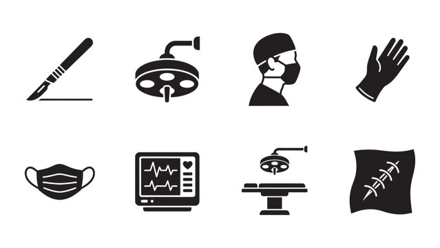 Set of medical surgery icons including tools and hospital equipment.