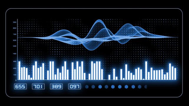 Royal blue color bar chart with growing business concept advanced data analysis with sound waves dashboard design HUD animation black technology background