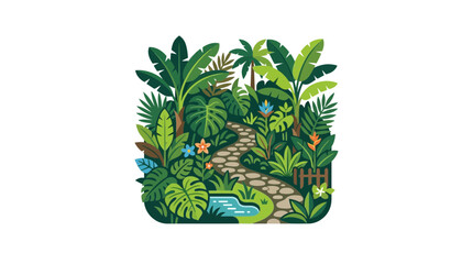 Fototapeta premium Lush Tropical Jungle Garden Path with Pond and Exotic Plants