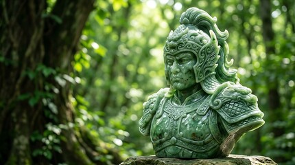 Fototapeta premium A detailed jade bust of an ancient chinese warrior in ornate armor, set against a blurred, lush green forest background