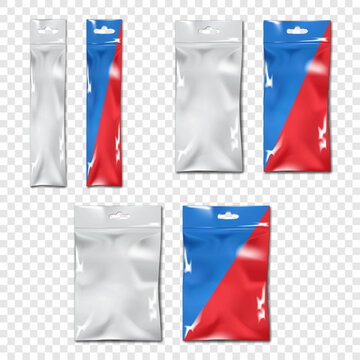 Blank PVC pouch package with euro slot. Realistic vector mockup set. Clear front, white, color back. Hanging transparent plastic bag. Easy editable mock-up. Template for design