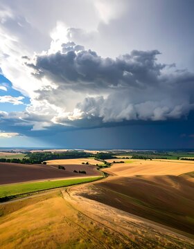 Aerial view of rolling hills landscape.