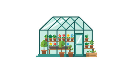 Fototapeta premium Greenhouse with Plants and Flowers, Vector Illustration
