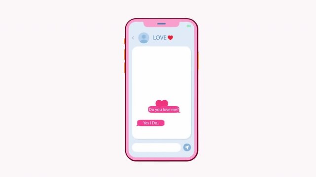 Cute pink phone interface with romantic online dating chat bubbles motion graphic background, Smartphone screen text message do you love me and yes i do animation video, seamless loop.