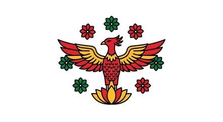 Fototapeta premium Phoenix bird symbol with outstretched wings and floral accents