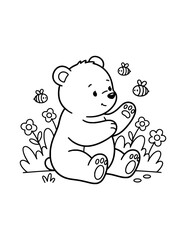 Cute Baby Bear Cub Playing with Bees Coloring Page for Kids. Simple Bear Cub Outline Illustration for Children. © Salma