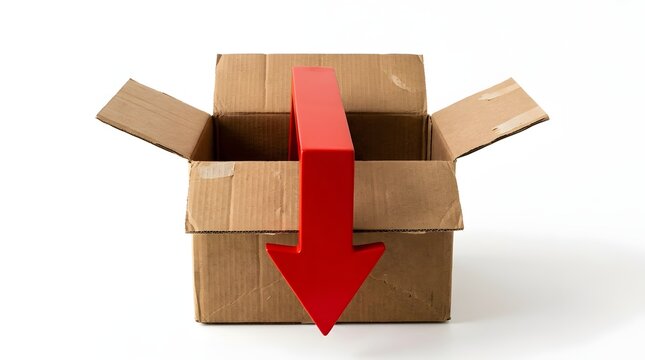 Cardboard box with large red arrow pointing downwards.