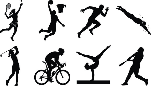 Collection of athlete sports silhouettes featuring female and male competitors in dynamic high performance action poses