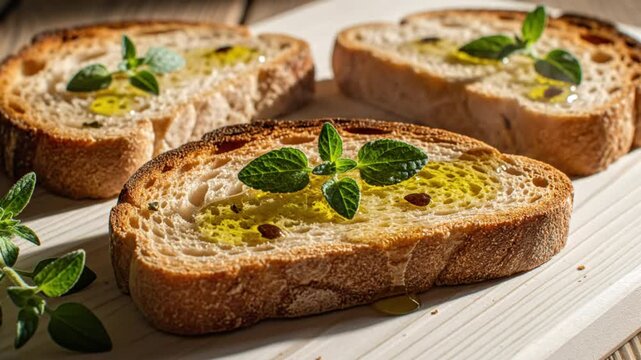 Delicious rustic bread slices drizzled with olive oil and garnished with fresh oregano on a wooden cutting board