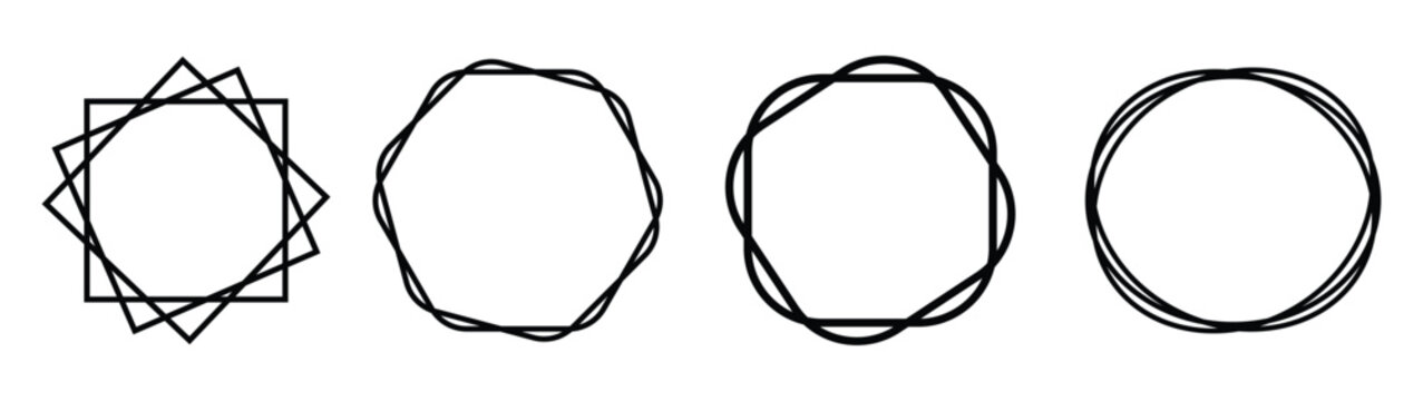
Minimalist geometric frame set featuring overlapping square heptagon octagon and circle shapes with black thin lines on white background.