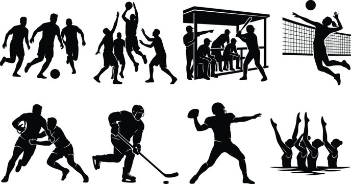 Team sports and athletic activities black silhouette vector collection for competitive tournament designs
