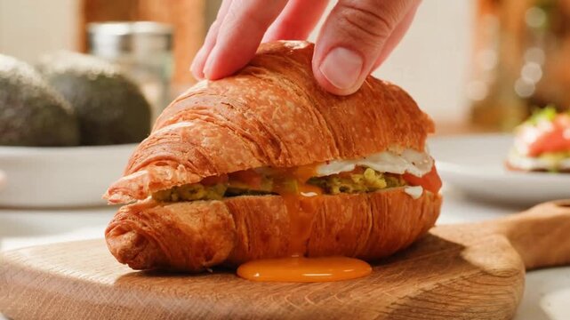 Croissant with Jamon Ham Salmon Breakfast Top View Modern Cafe Gourmet Brunch Food