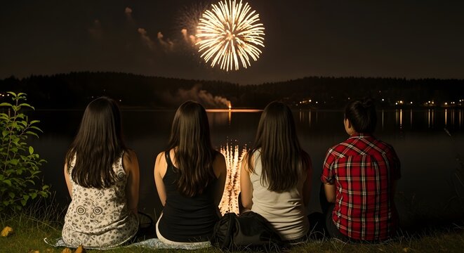 Group Watching Night Fireworks Display Over Water from Backyard Gathering