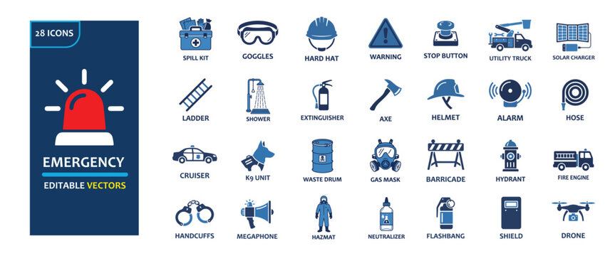 Emergency and public safety solid icon set containing icons for fire engine gas mask hazmat suit police cruiser megaphone and spill kit for first responder training.