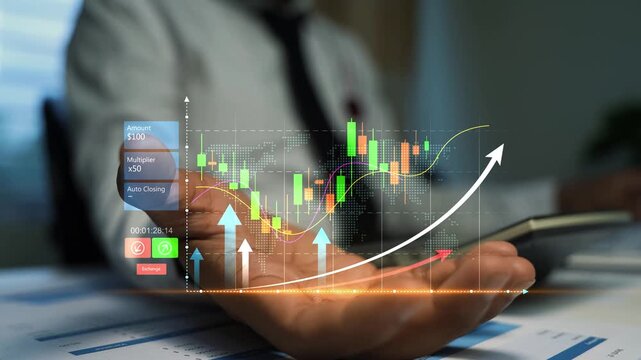Businessman holding a hologram digital stock chart with rising arrows above his hand, Holographic business growth finance investment data analysis and business success in a modern office
