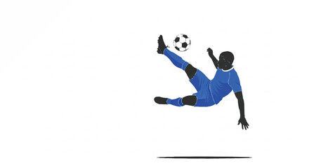 Obraz premium Side view of a professional soccer player performing an acrobatic bicycle kick in mid-air, striking the ball with precision, athletic silhouette, dynamic motion, minimalist composition with vast