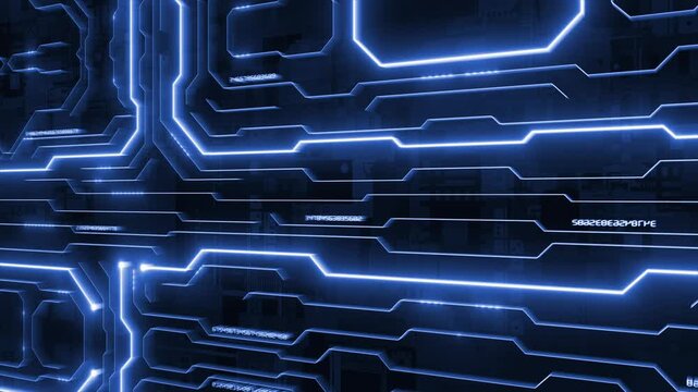 Royal blue color glowing circuit board microchip with binary code futuristic matrix data network hi tech design loopable black technology 3D background