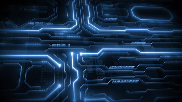 Royal blue color glowing circuit board microchip with binary code futuristic matrix data network hi tech design black technology 3D background