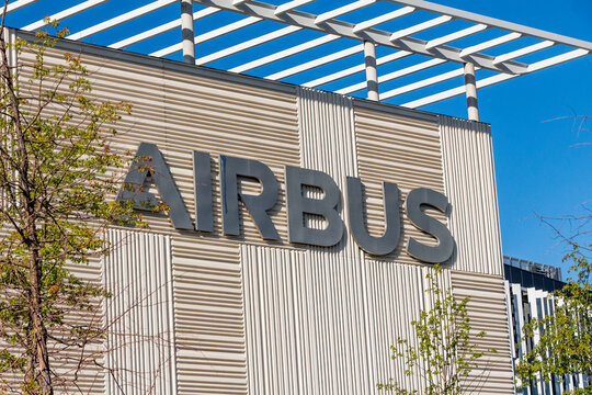 GETAFE, SPAIN - SEPTEMBER 30, 2023. Airbus logo on Airbus building. Airbus is a European aerospace corporation
