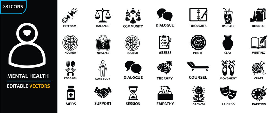Mental health and psychological wellness solid icon set. Featuring therapy couch brain puzzle scales broken chain and speech bubbles. Solid glyph vector icons for healthcare projects.