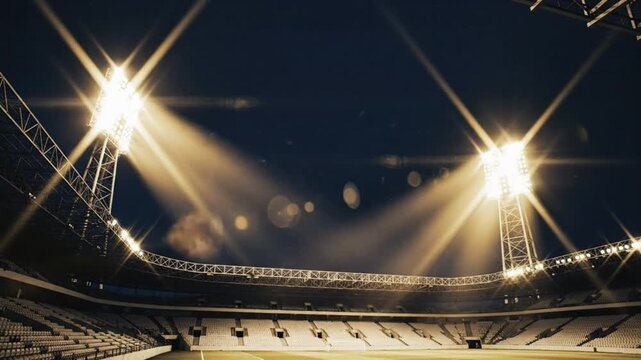 Dramatic Night Stadium Scene with Bright Floodlights Illuminating the Empty Bleachers Before a Game