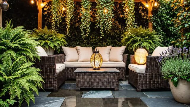 Cozy outdoor patio with wicker furniture, string lights, and lush greenery creates a relaxing space for unwinding and contemplation
