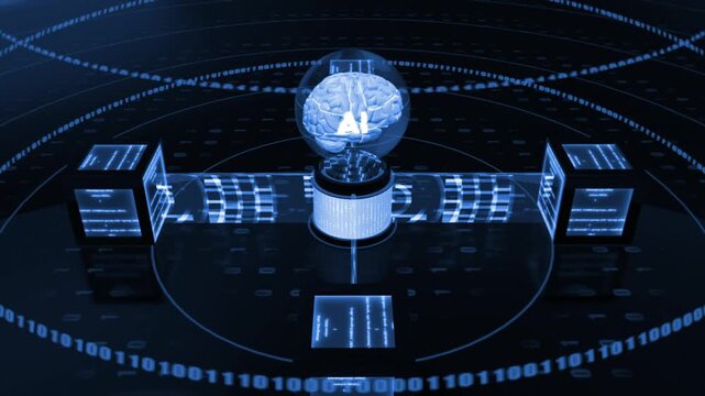 Royal blue color glowing 3d AI brain cyber with server racks data flow traffic on servers processing multitasking and programming codes loopable black technology background 