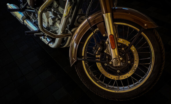 Royal Enfield motor bike. First Royal Enfield motorcycle built in 1901 by The Enfield Cycle Company of Redditch, Worcestershire, England. In 1932 Enfield bullets manufactured in India, Chennai plant. 