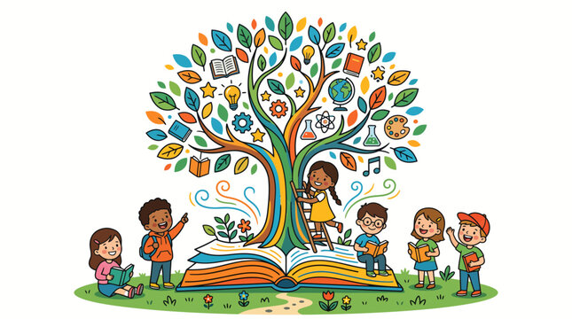 Children reading around a tree of knowledge growing from book