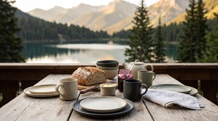 Fototapeta premium Breakfast table with scenic mountain lake view