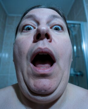 close-up of shocked person looking into phone