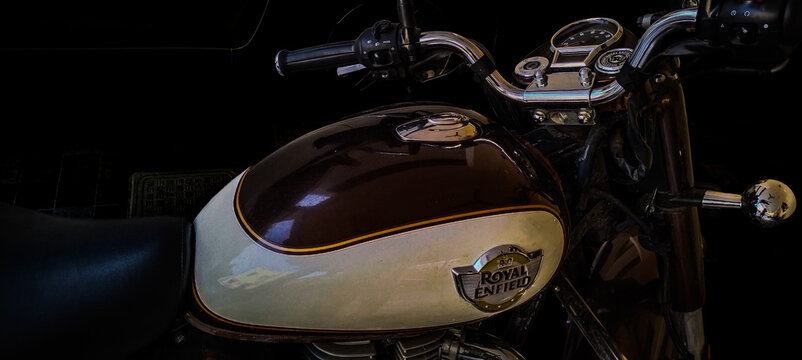 Royal Enfield motor bike. First Royal Enfield motorcycle built in 1901 by The Enfield Cycle Company of Redditch, Worcestershire, England. In 1932 Enfield bullets manufactured in India, Chennai plant. 
