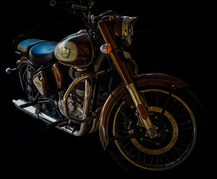 Royal Enfield motor bike. First Royal Enfield motorcycle built in 1901 by The Enfield Cycle Company of Redditch, Worcestershire, England. In 1932 Enfield bullets manufactured in India, Chennai plant. 