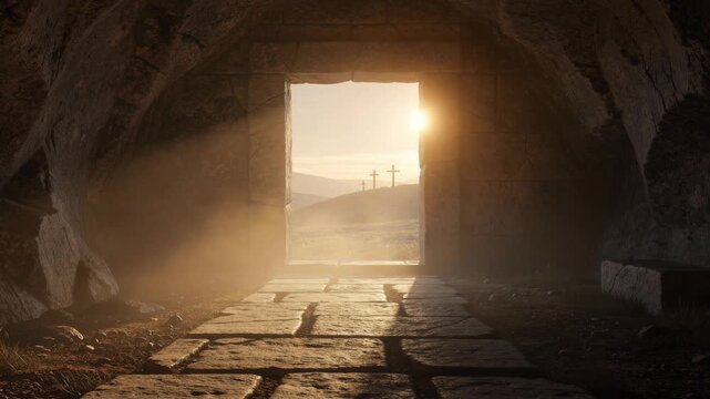 Serene dawn inside ancient stone tomb with sunlight streaming through peaceful historic ruins