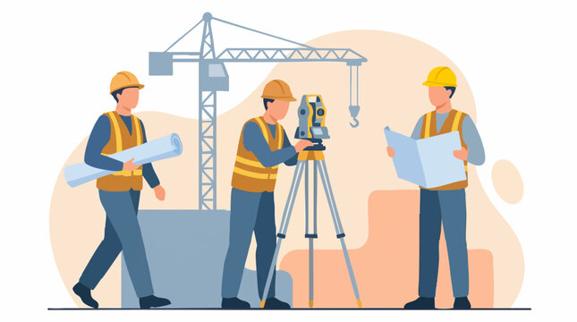 Construction site team with blueprints and surveying equipment