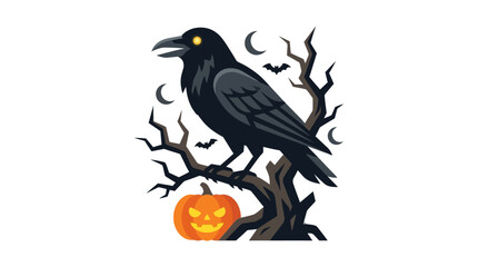 Fototapeta premium Suitable for halloweenthemed designs, this image features a dark raven, gloomy tree, orange jackolantern, crescent moons, spooky bats.