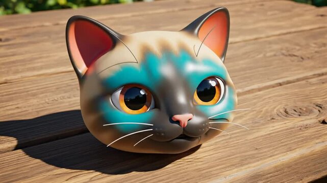 Cute Cartoon Cat Head with Blue and Tan Markings on a Wooden Table against a Blurred Green Background